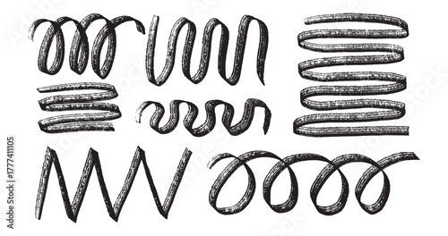 Hand drawn grunge scribbles and squiggles. Abstract brush strokes with rough texture. Doodle elements in punk graffiti style. Bold black ink symbols for collages, posters, and street art design