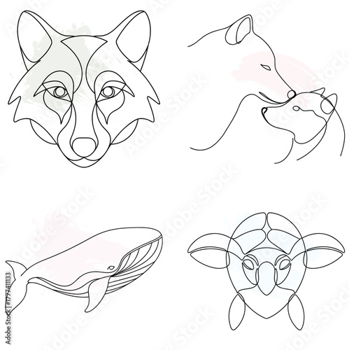 Fox, Wolf Family, Whale, Turtle in Minimalist Line Art Style Keywords: fox, wolf, continuous line art bundle