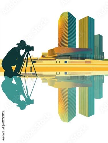 Silhouette of photographer capturing city buildings reflection digital illustration