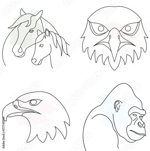 Minimalist Line Art Animal Portraits Horse Eagle Gorilla Heads Keywords: horse, continuous line art bundle