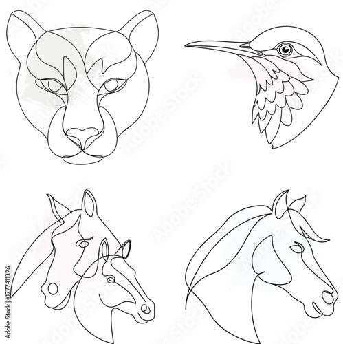 Minimalist Line Art Animal Portraits Cheetah Hummingbird Horse Heads Keywords: continuous line art bundle