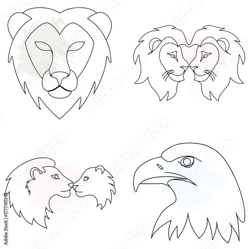 Minimalist Line Art Animal Heads Lion Eagle Pair Cub Keywords: lion head, continuous line art bundle