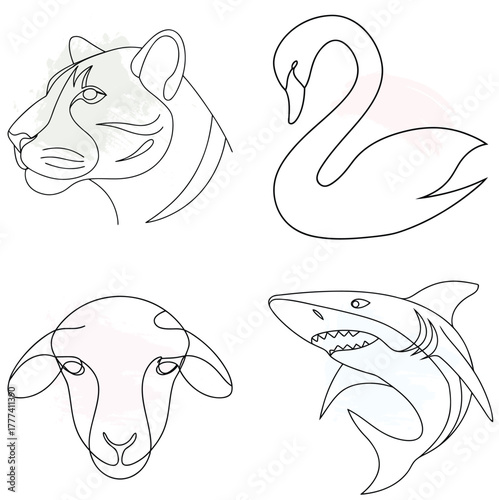 Minimalist Line Art Animal Heads Tiger Swan Sheep Shark Keywords: tiger, swan, sheep, continuous line art bundle