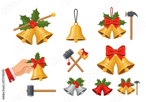 Collection of Festive Christmas Bells with Holly Ribbons and Hammers.