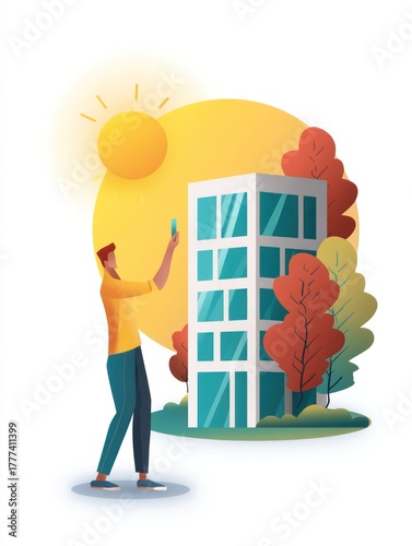 Man photographs modern building with sun illustration and autumn trees