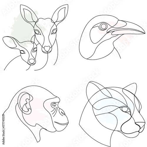 Minimalist Line Art Deer Kangaroo Crow Chimpanzee Panther with Watercolor Splashes continuous line art bundle