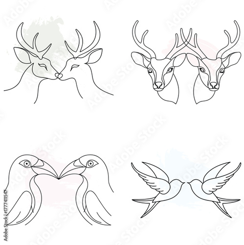 Minimalist Line Art Deer Birds Kissing with Watercolor Splashes swallow crow continuous line art bundle