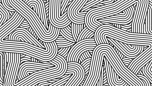 Abstract black and white geometric pattern with curved interlocking lines creating optical maze background for modern business card, banner, or cover design layout