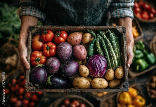 Freshly harvested vegetables including tomatoes, potatoes, asparagus, and eggplants displayed in a rustic wooden crate, showcasing vibrant colors and organic textures in a market setting