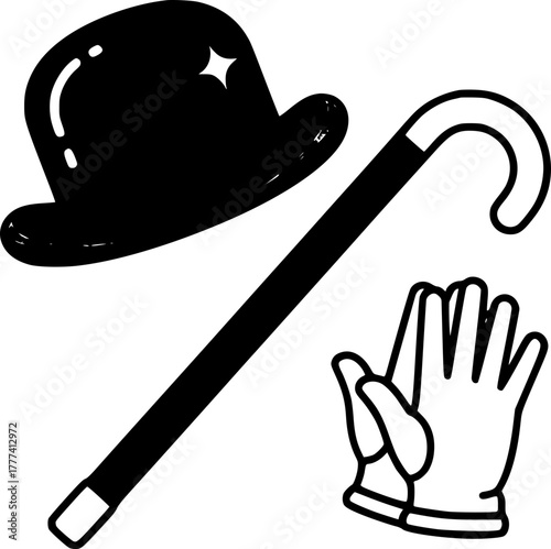 Bowler hat, cane, and white gloves. Elegant accessories for a gentleman, a magician, or a retro style. A symbol of magic, mystery, and classicism.