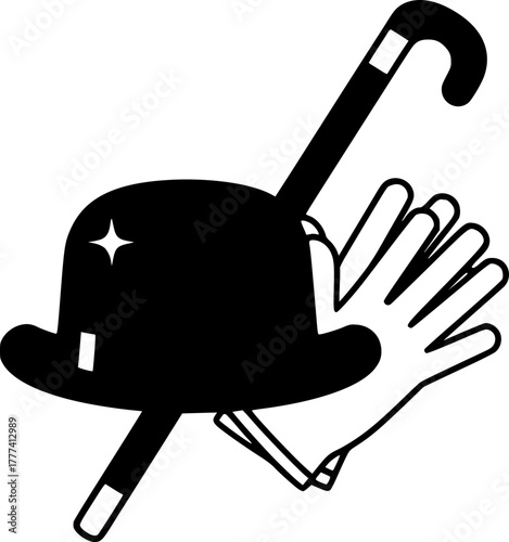 Bowler hat, cane, and white gloves. Elegant accessories for a gentleman, a magician, or a retro style. A symbol of magic, mystery, and classicism.
