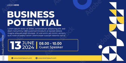 Modern business seminar or conference banner template with geometric shapes in blue, yellow, and white. Professional corporate design for event promotion, marketing, or presentation