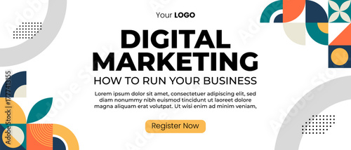 Modern digital marketing banner template with geometric abstract shapes and clean white background. Professional business design for online promotion, webinar, or corporate presentation