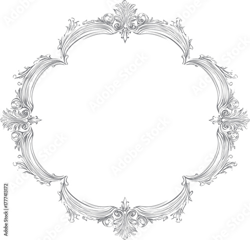 Elegant engraving-style ornamental frame with baroque details in soft beige, warm ivory, charcoal, ideal for weddings and anniversary invitations.