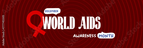 World AIDS awareness month retro banner with red ribbon. World HIV awareness month starts in December. Red ribbon with text isolated on grey background. World AIDS Day December 1st