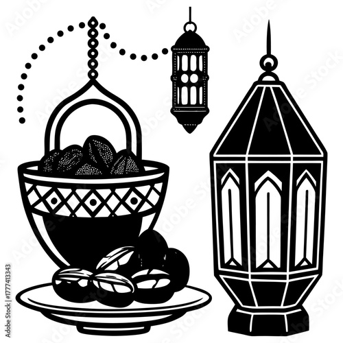 Ramadan lantern with colorful glass, dates on golden plate, and wooden prayer beads on white background. Concept of Islamic culture and tradition.