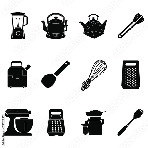 Versatile Black Kitchen Icon Collection Featuring Mixer Grater Whisk and More