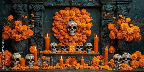 Bright and Festive Día de los Muertos Celebration | Colorful Day of the Dead Artwork with Traditional Elements | Vibrant Mexican Holiday Scene with Sugar Skulls and Flowers | Joyful Día de Muertos