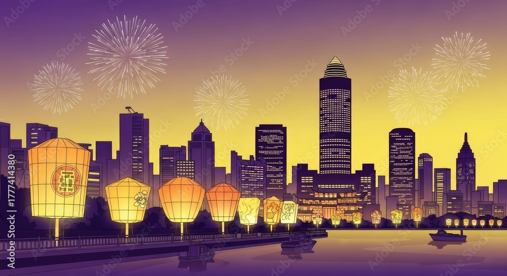 Fototapeta premium Celebratory Skyline: A Nighttime Spectacle of Fireworks and Lanterns Illuminating the Cityscape with Cultural Brilliance and Festive Joy, in Vibrant