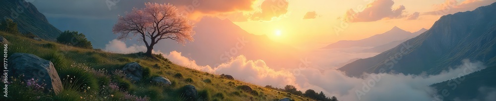 Fototapeta premium A serene landscape bathed in ethereal light, conveying a sense of inner peace and boundless potential, inviting contemplation and spiritual awakening , imagination, vision