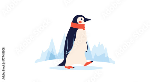 Adorable cartoon penguin wearing a red scarf walking on snow with icebergs in the background. Flat Vector Illustrations. EPS Editable