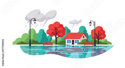 Autumn Rainy Day in a Small Town with Flooded Streets. Flat Vector Illustrations. EPS Editable