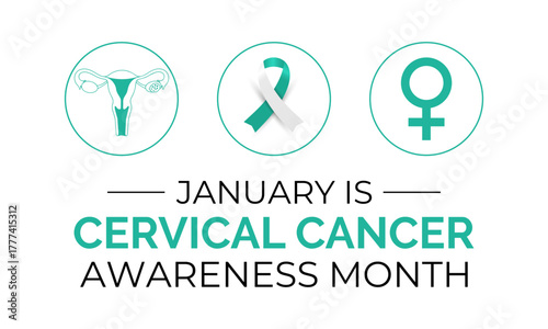 Cervical Cancer Awareness Month promotes prevention and early detection. Support women’s health with teal and white ribbons and awareness campaigns. Banner poster background design template. Vector.