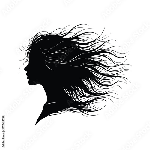Silhouette of a womans profile with flowing hair