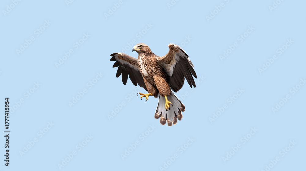 Obraz premium Common buzzard hunting over open field, scanning the ground for prey in morning light.