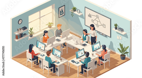 Isometric scene of a corporate workshop with employees engaged in a computer training session for skill enhancement