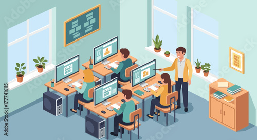 Classroom scene Students learning with computers and instructor guidance in a modern setting