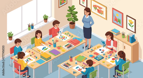 Children engaged in a creative art class with a teacher, painting and drawing at tables