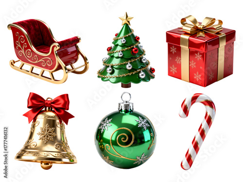Collection of festive christmas ornaments and decorations isolated on transparent background