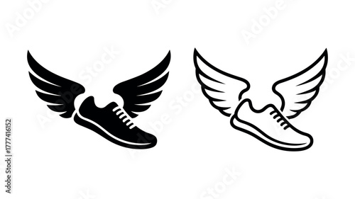 Running shoe with wings icon silhouette and outline isolated on white background