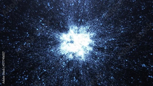 Explosion of glowing blue particles forming a dynamic burst in dark space. Futuristic sci-fi animation perfect for technology intros, cosmic visuals, energy effects, digital backgrounds, and motion de