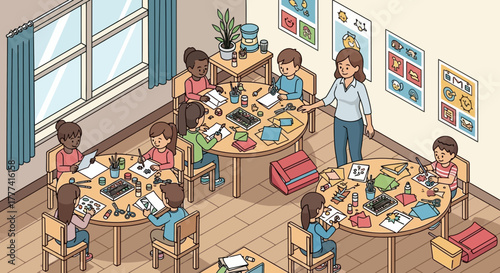 Children engaged in a colorful art class with a teacher, fostering creativity and learning in a classroom setting