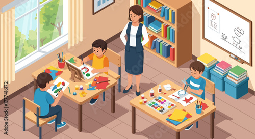 Children engaged in art class with teacher supervision