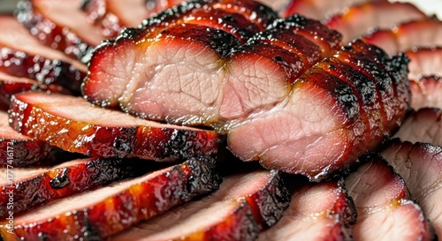 Commercial Food Photography of Glossy Char Siu Slices Rich Appetizing Chinese Barbecue Pork
