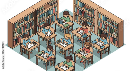Isometric classroom scene with students studying at desks in a library setting with bookshelves filled with books