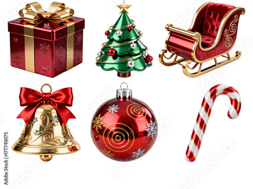 Collection of festive christmas ornaments and decorations isolated on transparent background