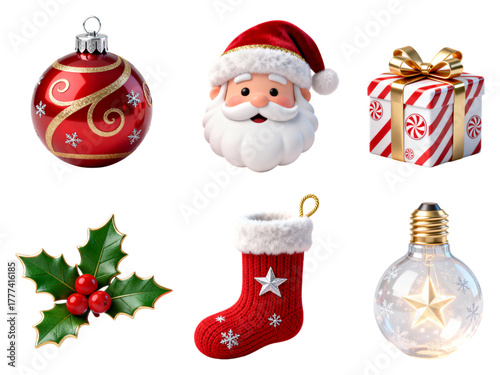 Collection of festive christmas ornaments and decorations isolated on transparent background