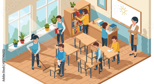 Classroom Cleaning And Tidying Up By Students And Teacher For A Clean Learning Environment And Better Education