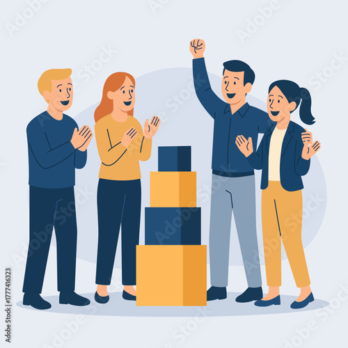 Vector illustration of happy office employees celebrating teamwork success. The group stands near stacked blocks symbolizing business growth, cooperation, and collective effort. 