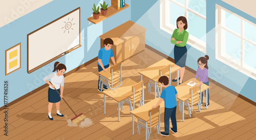 Classroom Cleanup Students and Teacher Tidy Up After School
