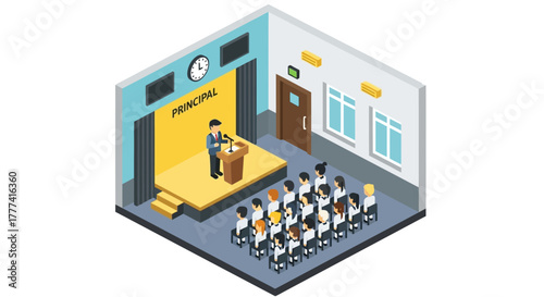 School principal delivering a speech from a podium on stage to an audience of students during an assembly in an auditorium