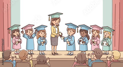Joyful moment as young students celebrate their kindergarten or primary school graduation, receiving diplomas from their teacher on stage, while proud families applaud their academic milestone