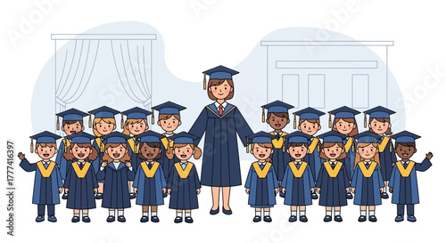 Happy diverse group of kindergarten graduates with their teacher celebrating their moving up ceremony in caps and gowns. Vector illustration of children finishing preschool