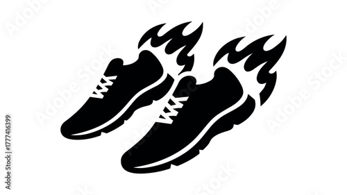 Black silhouette of running shoes with flame accents isolated on white background