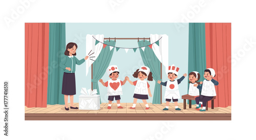 Children in costumes on stage celebrating a performance with a teacher watching