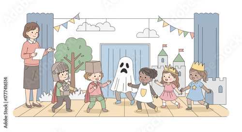 Diverse kindergarten children in imaginative costumes like knights, princesses, and ghosts joyfully perform a school play on stage, fostering creativity under teacher's supervision